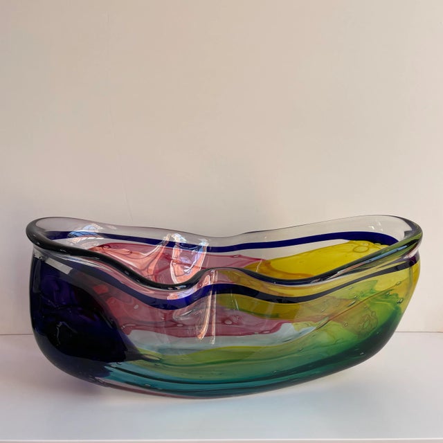 Beautiful and oversized art glass vase / bowl from the "Lava" series by artist Leon Applebaum (b. 1945). Features rippled...
