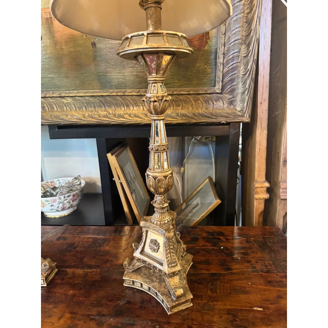 2000 - 2009 Pair of Mirrored Neoclassical Designer Lamps With Custom Shades For Sale - Image 5 of 12