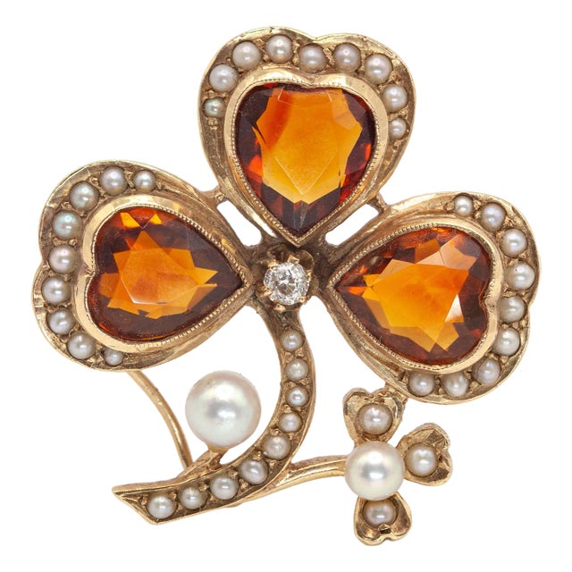 1930s 14k Yellow Gold Diamond Citrine Pearl Clover Brooch For Sale