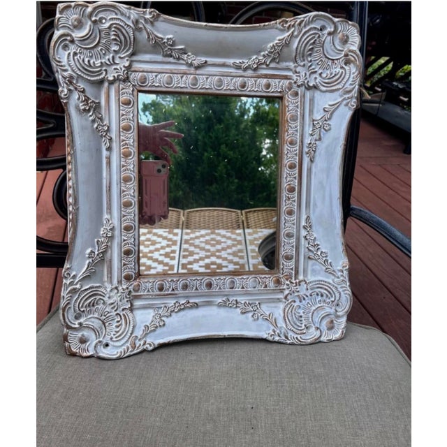 French Country Wall Mirror Features a Heavily Distressed White Frame With Gold Trim For Sale - Image 14 of 15