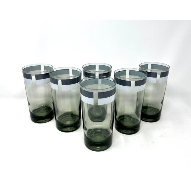 Mid 20th Century Mid 20th Century Mid Century Modern Green Tint Striped Highball Cocktail Glasses, Mod Op Art - Set of 6 For Sale - Image 5 of 9