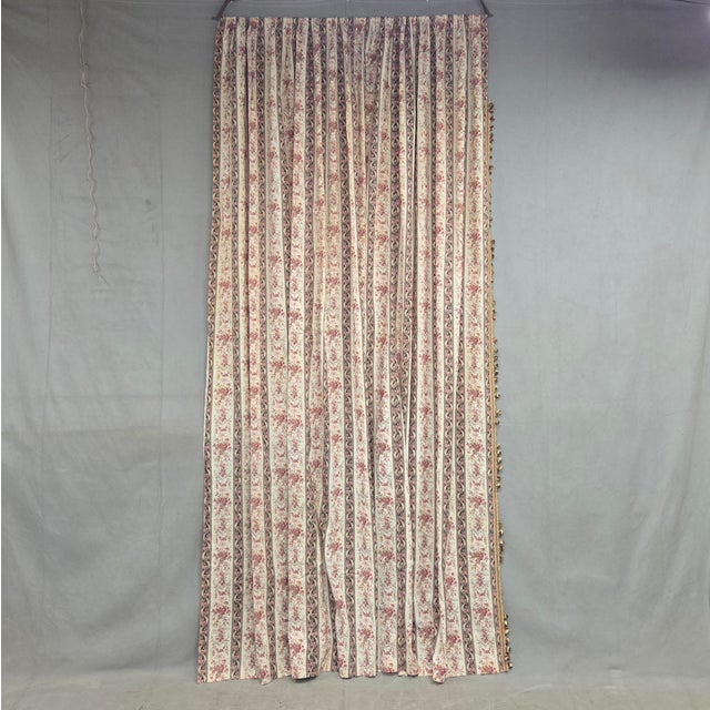 Shabby Chic Antique 1920s French Cotton Curtain Panel, Pink and Brown Stripe With Florals For Sale - Image 3 of 15