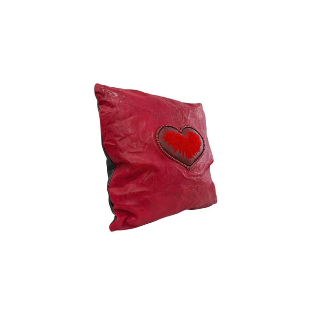 Contemporary Handcrafted Red Leather and Silk Heart Pillow by Iuri Shubladze For Sale - Image 3 of 7