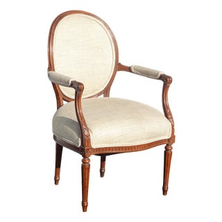 Vintage French Provincial Burlap Linen Side Arm Chair W Ornate Frame For Sale