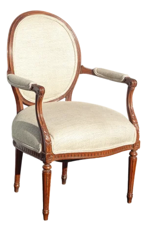 Vintage French Provincial Burlap Linen Side Arm Chair W Ornate Frame