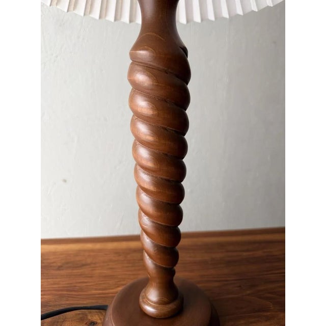 Sculptural Wooden Table Lamp with Pleated Lampshade For Sale - Image 3 of 5