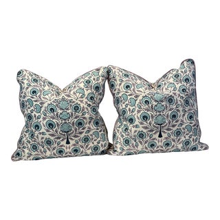 Custom Quadrille Kalamkari Floral 20”x20” Feather/Down Pillows - a Pair For Sale