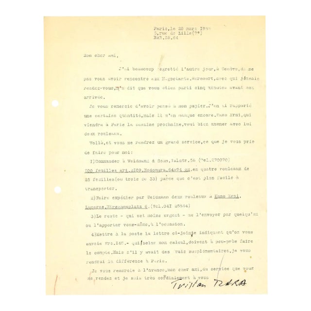 Tristan Tzara's Letter by Tristan Tzara, 1955 For Sale