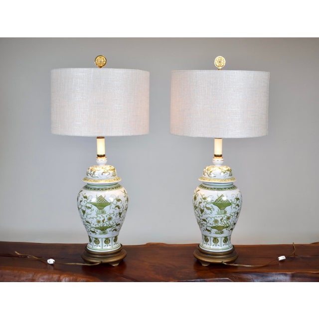 Hollywood Regency Vintage Chinese Porcelain Hand Painted Artichoke Table Lamps Ginger Jars, Pair For Sale - Image 3 of 11