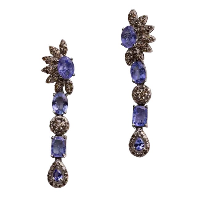 1990s Faceted Tanzanite and Diamond Drop Dangle Earrings, Pair For Sale