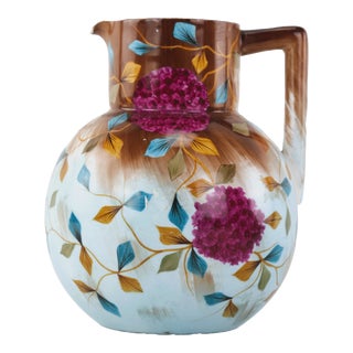 Antique Hand-Painted Hydrangea Pitcher With Rustic Floral Design For Sale