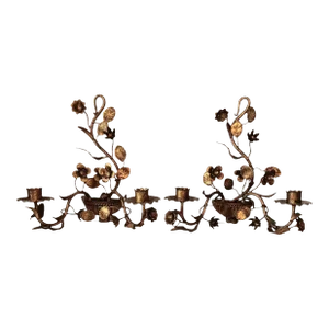 Vintqge Gold Gilt Candle Wall Sconces Two Arm Flowers and Leaves Set of Two
