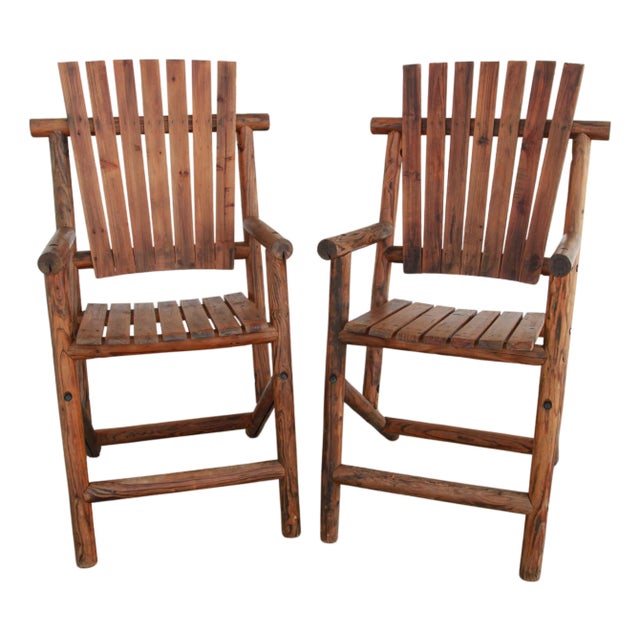 Pair of Wood Adirondack Style Garden Arm Chairs For Sale