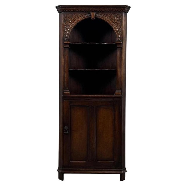 Wood Early 20th Century Antique English Oak Corner Cabinet For Sale - Image 7 of 7