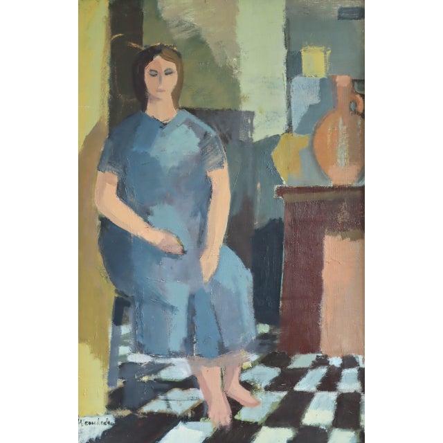 Mid-Century Modern 'Presence in Blue' Swedish Original Figurative Interior Oil Painting, Framed For Sale - Image 9 of 13