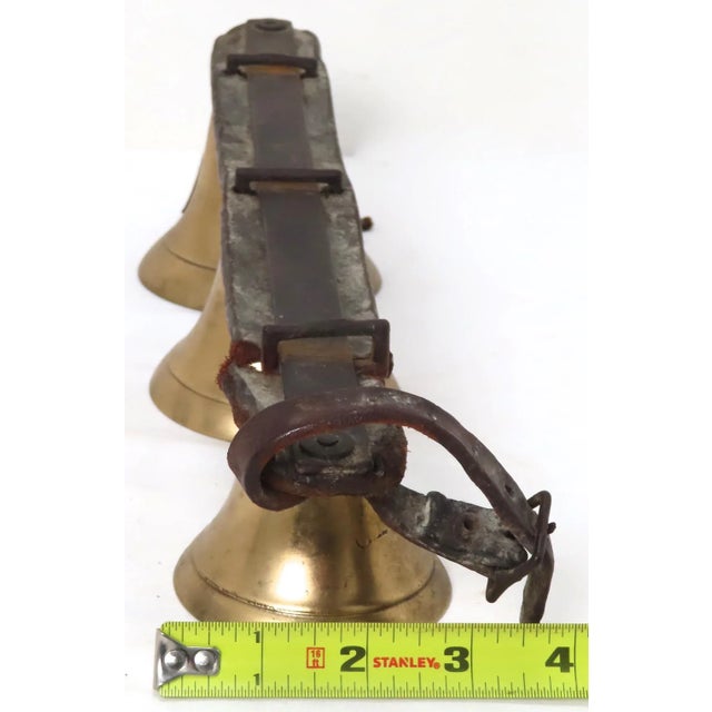 Nice Original Set of 3 Antique American Leather & Brass Horse Drawn Snow Sleigh & Buggy Bells For Sale - Image 12 of 13
