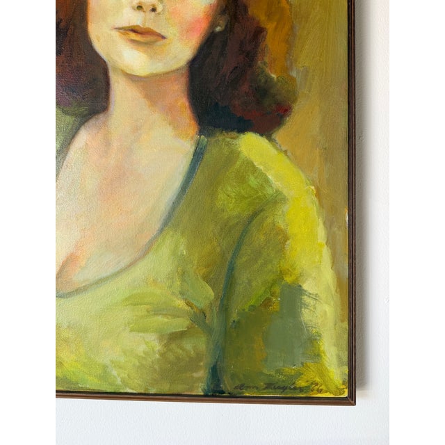 Olive 1970s Mid-Century Impressionist Woman Portrait Oil on Canvas Painting, Framed For Sale - Image 8 of 12