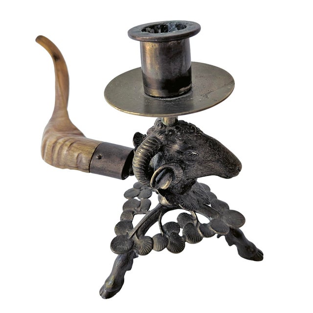 Late 19th Century 19th Century Brass & Natural Horn Ram’s Head Candlestick For Sale - Image 5 of 8