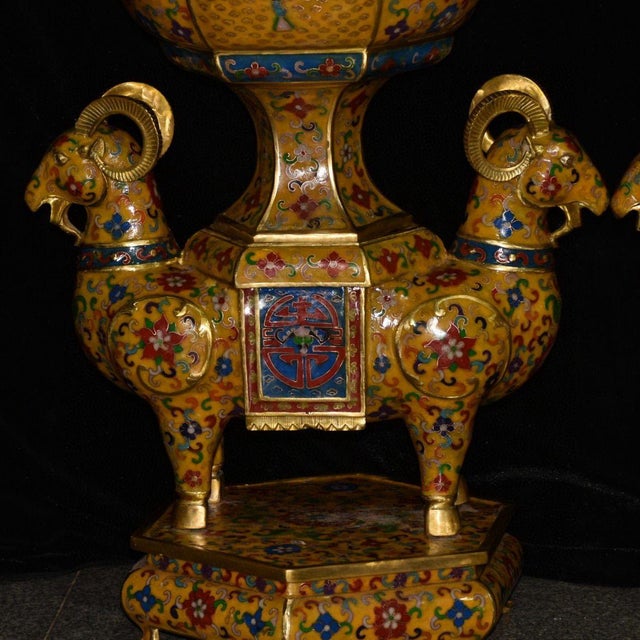 Pair of Large Vintage Chinese Cloisonne Gilt Bronze Censers, Ram Bases & Phoenix Handles For Sale - Image 4 of 9