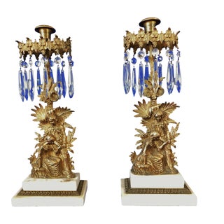 Early 20th Century Figural Boy Girl Solid Brass Crystal Marble Candle Stick Holders - a Pair For Sale
