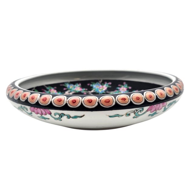 Nippon-Style Moriage 11-Inch Black-Ground Bowl With Birds and Peonies For Sale - Image 9 of 17