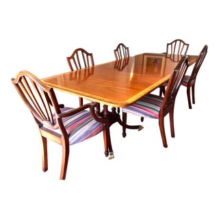 Baker Furniture Mahogany Double Pedestal Georgian Extendable Dining Table & 6 Chairs For Sale