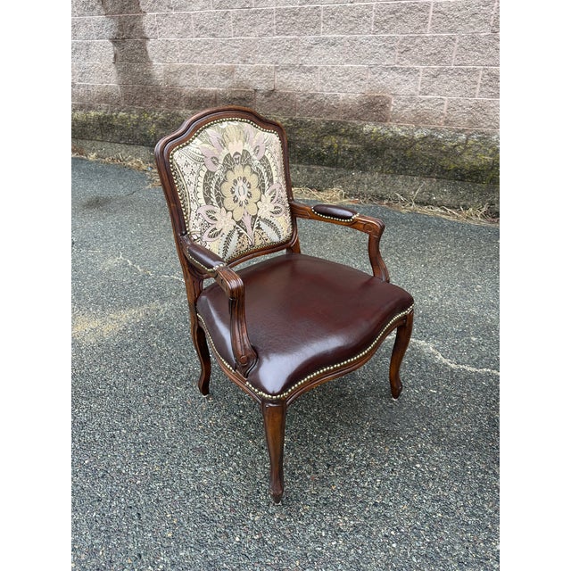 Queen Anne Vintage Pair of Dinning Room Arm Chairs Leather & Needlepoint Upholstery in Queen Anne Style For Sale - Image 3 of 4