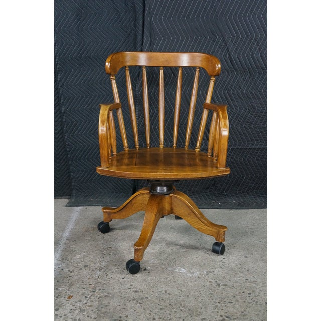 Mid Century Oak Bentwood Windsor Barrel Back Swivel Bankers Office Desk Chair For Sale - Image 4 of 18