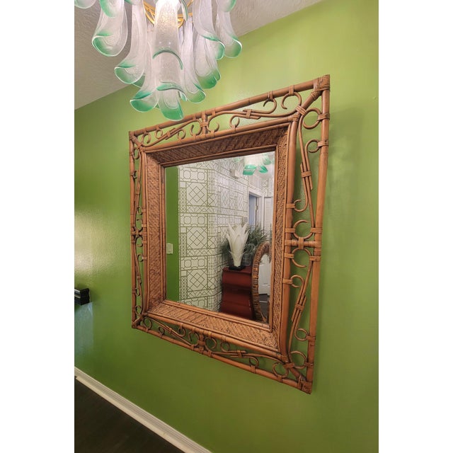 Brown Massive Rattan Bamboo Coastal Regency Boho Scroll Square Wall Mirror For Sale - Image 8 of 11