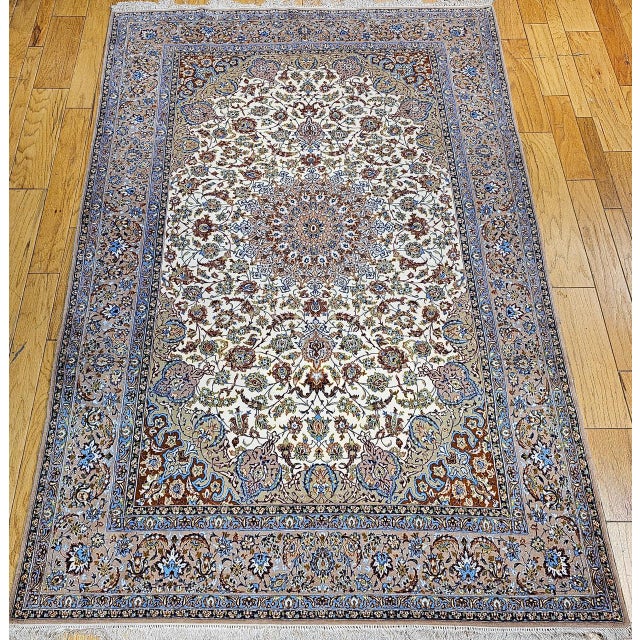 Textile Vintage Persian Isfahan Rug, Hand-Knotted Wool & Silk, Floral Pattern, Ivory & Caramel,7x10 For Sale - Image 7 of 15