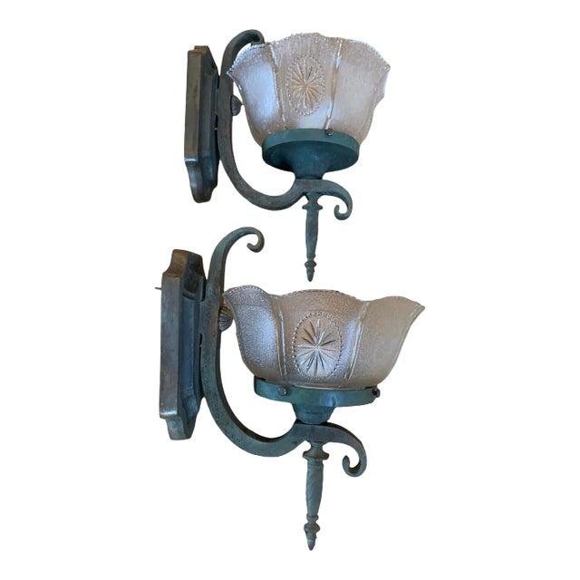 Pair Cast Bronze and Pressed Glass Sconces With Original Verdigris Patina, Circa 1910 For Sale