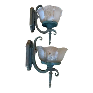 Pair Cast Bronze and Pressed Glass Sconces With Original Verdigris Patina, Circa 1910