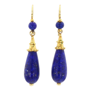 Vintage Retro Lapis Lazuli 18k Gold Drop Earrings, A Pair