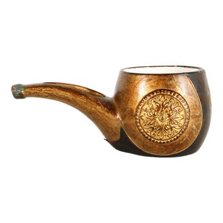 Vintage Mid Century Italian Leather & Ceramic Pipe Form Cachepot Planter For Sale