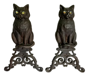 Early 20th C. Pair of Cast Iron Victorian Cat Andirons With Glass Eyes