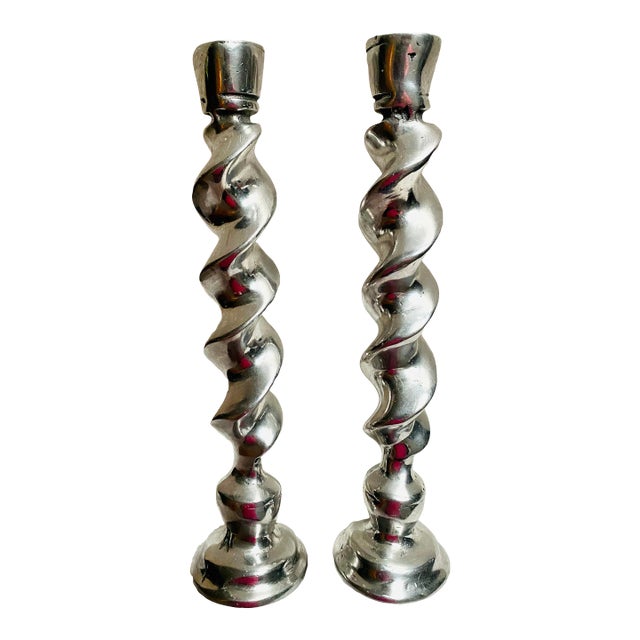 Pair of Vintage Hand Made Twisted Silver Candleholders Made in Mexico For Sale