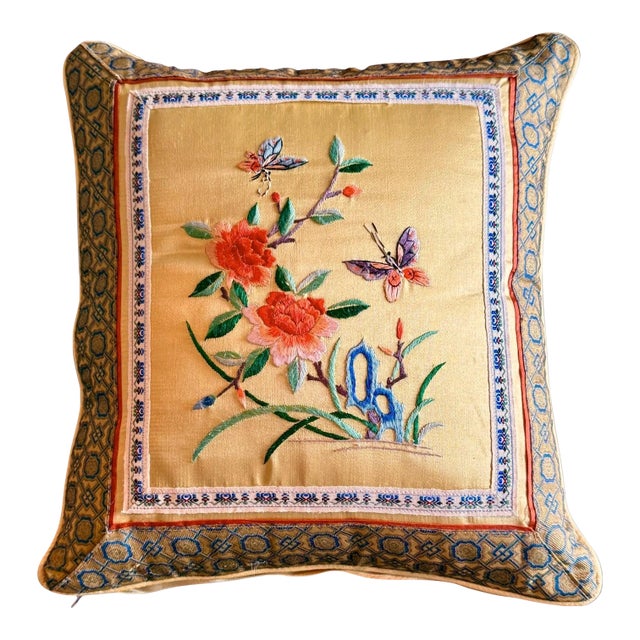 Vintage Chinese Silk Embroidered Pillow-Beijing-Peony Butterfly-Chinoiserie-Asia For Sale