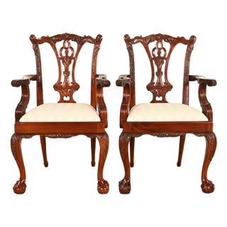 Baker Furniture Style Chippendale Carved Mahogany Armchairs, Pair For Sale