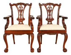 Baker Furniture Style Chippendale Carved Mahogany Armchairs, Pair