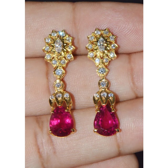Certified Natural 5.86CTS VS F Diamond Rubellite Tourmaline Dangle Earrings, A Pair For Sale In Dallas - Image 6 of 10