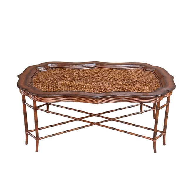1980s Maitland-Smith Regency Faux Bamboo Base Leather and Wicker Tray Top Coffee Table For Sale - Image 10 of 18