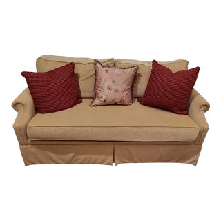Custom Made Chenille Roll Arm Down Filled Loveseat with Red Silk Accent Pillows For Sale