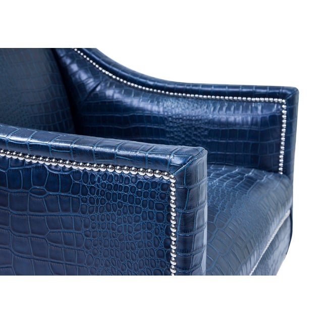 Pasargad Home Bergdorf Blue Top Grain Leather Armchair, Blue Chairish