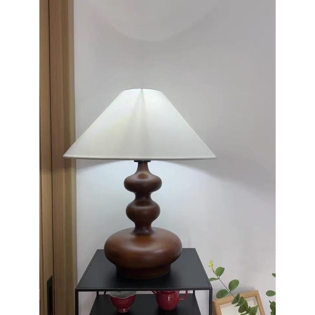 Art Deco Walnut Wood Minimalist Fabric Table Lamp For Sale - Image 3 of 8