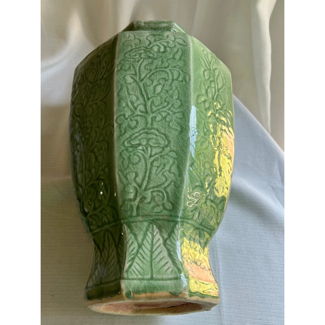Ceramic Vintage 1970s Chinese Export Chinoiserie Eight Sided Floral Embossed Celadon Vase For Sale - Image 7 of 12