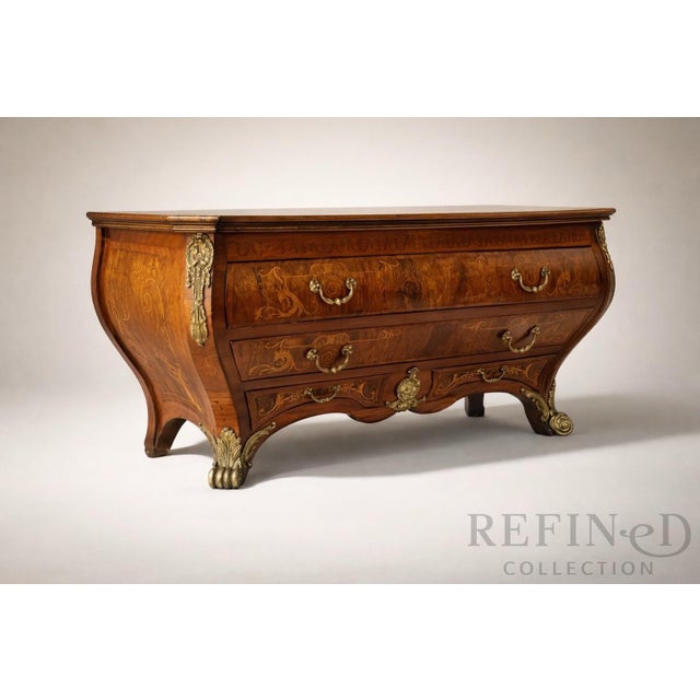 Late 19th Century French-Style Inlaid Bombe Commode With Gilt Bronze Mounts For Sale In Miami - Image 6 of 16
