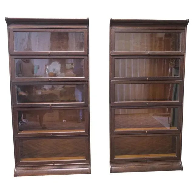 Brown Waterfall Oak Bookcases by Gunn, 1910, Set of 2 For Sale - Image 8 of 8