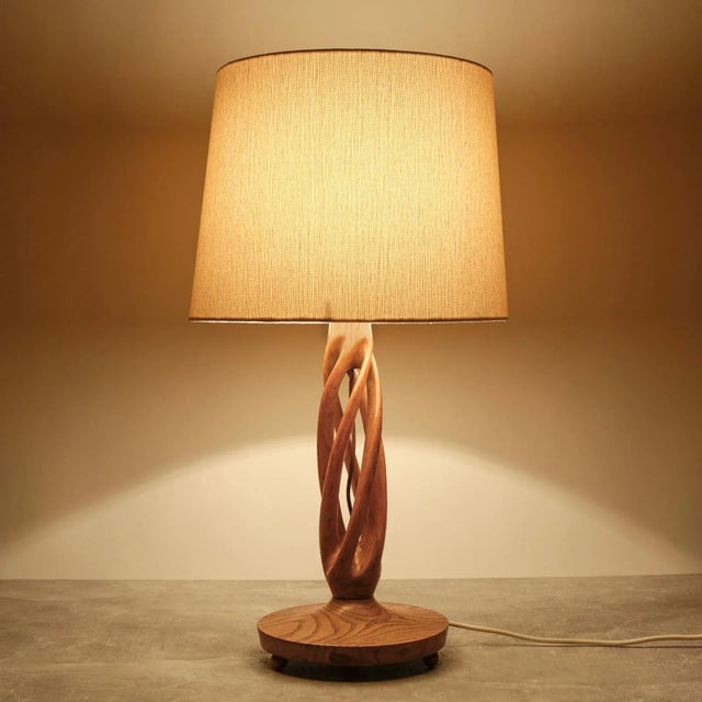 Original mid-century - rare table lamp with a handmade oak lamp base and a fabric shade. An excellent craftsmanship!...