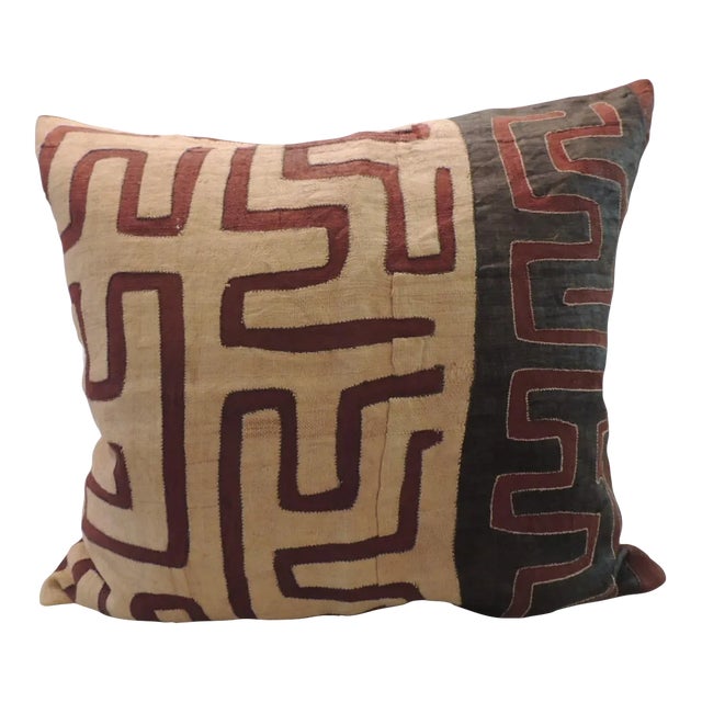 African Pillow in Black and Burnt Orange Raffia Kuba Cloth For Sale