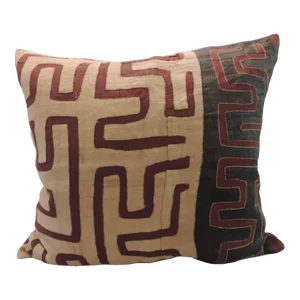 African Pillow in Black and Burnt Orange Raffia Kuba Cloth